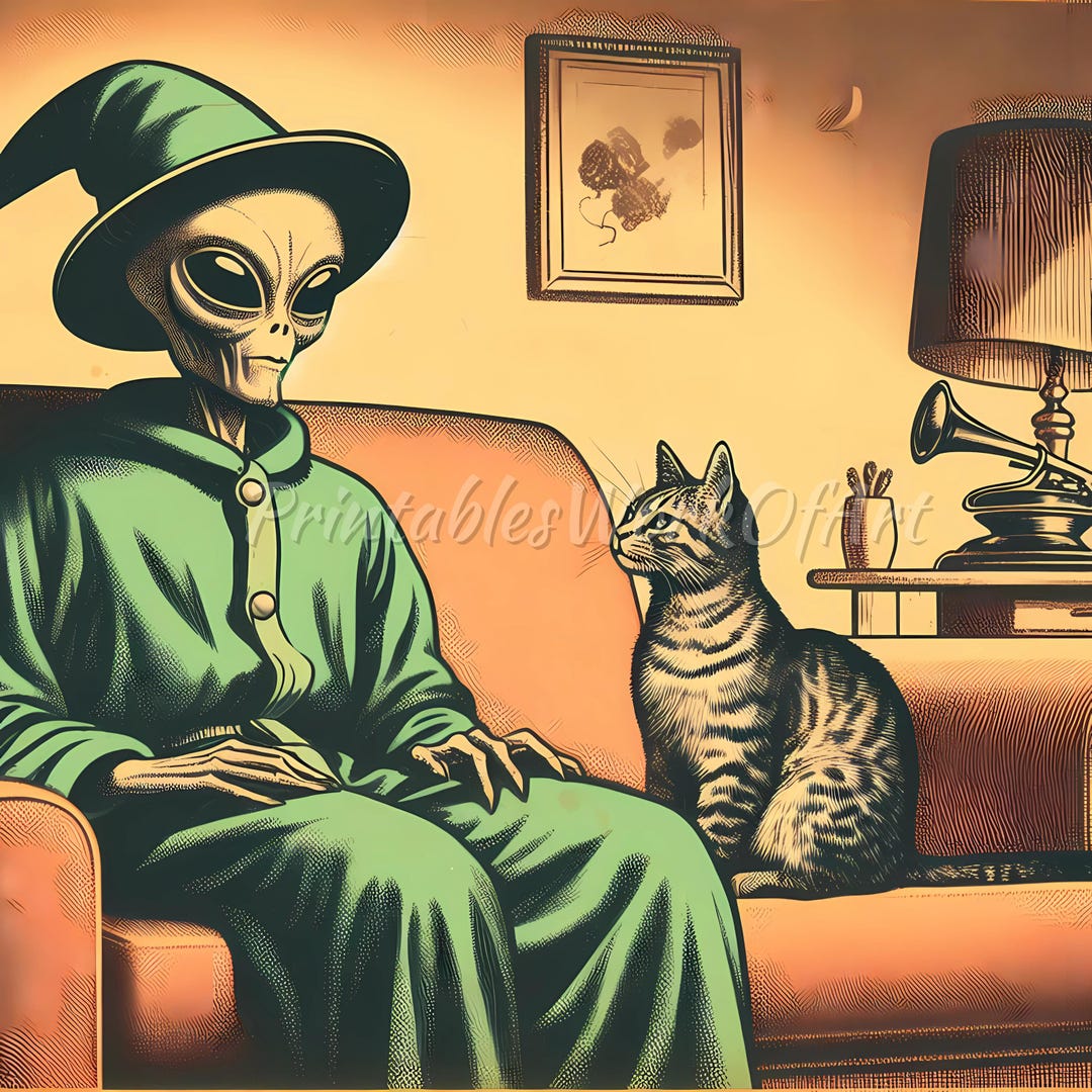 Retro Alien and Cat Art Print: Whimsical Sci-fi Illustration (PNG ...