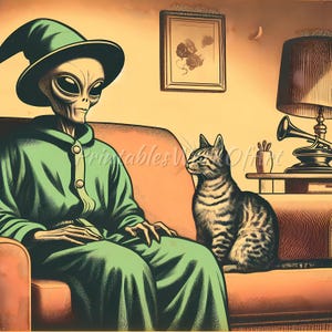 May include: An illustration of an alien wearing a green outfit and hat, sitting on a red couch next to a tabby cat. A lamp and framed picture are in the background. The image has a vintage, retro style.