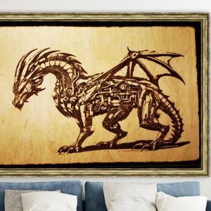 Hand burned Dragon on wood | Pyrography | Home Wall Decor | Woodburning | Extra large