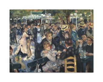 May include: A canvas print of a painting depicting a lively outdoor scene. People in period clothing are gathered, some dancing, others seated at tables. The artwork features a vibrant color palette with a focus on capturing the atmosphere of a social gathering.