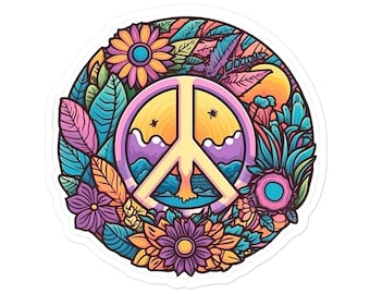 Psychedelic Floral Peace Sign Sticker - Hippie Style Vinyl Decal