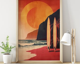 Surfing Solstice Poster – Retro Surf Wall Art, Vintage Beach Print, Coastal Decor