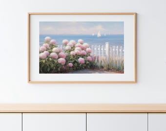 Sailboats & Hydrangeas Print - Coastal Seascape Pastel Wall Art Decor