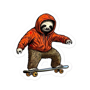 May include: A cartoon sloth wearing an orange hoodie and riding a skateboard. The sloth has a relaxed expression and is holding onto the skateboard with its claws.