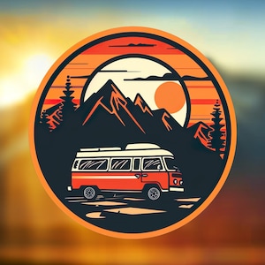 May include: A vintage camper van with a white roof and orange body drives through a mountain landscape with a sunset in the background. The mountains are dark blue and the sky is orange and yellow.