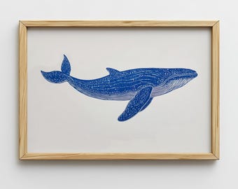 Whale Linocut Print - Coastal Nautical Wall Art