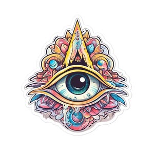 May include: A colorful, psychedelic illustration of an eye with a yellow, blue, and black iris, surrounded by a triangle and floral designs.