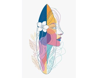 May include: A colorful illustration of a surfboard with a woman's face. The surfboard is divided into sections of blue, yellow, pink, and purple. A white flower is placed on the board, and the woman's face is drawn in a continuous line.