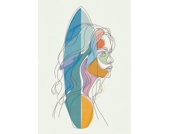 May include: A minimalist line art print featuring a woman's profile with flowing hair. The artwork incorporates a surfboard-like shape behind the woman, with sections of blue, orange, and purple. The background is a soft off-white.