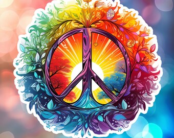 Rainbow Floral Hippie Peace Sign Sticker - Sticker for Laptop, Hydroflask, and Car
