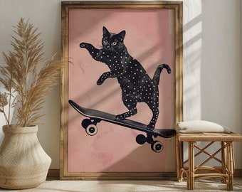 Cat Poster - Dot n Ride - The Skating Cat Sensation - Skateboard Poster, Skate Art, Vintage Skate