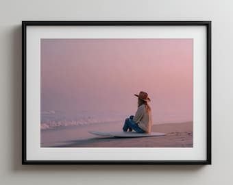 Western Surf Girl Print - Coastal Cowgirl Beach Wall Art - Boho Surfer Art