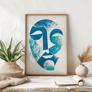 Modern Greek Face Print - Abstract Blue Greek Wall Art, Mediterranean Boho Home Décor