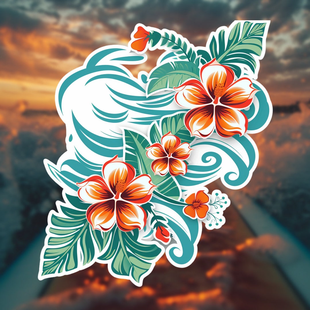 Surfer Sticker - Floral Wave Rider Hawaii Sticker - Hydroflask, Laptop ...