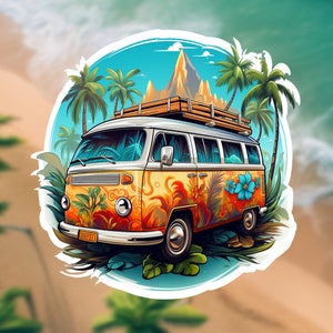 Surf Van Sticker for Laptop, Hydroflask & Car - Camper Vinyl Decal for Water Bottle, Cool Adventure Car Sticker