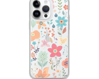 Capa transparente e estética para iPhone com estampa de flores coloridas