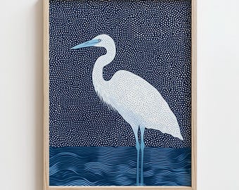 May include: A white egret with a blue beak and legs stands on a blue and white patterned background. The background is a stylized representation of water with waves.