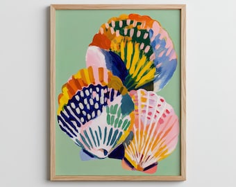 Colorful Seashell Gouache Painting – Modern Beach House Art Print