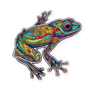 May include: A colorful sticker featuring a stylized frog with intricate patterns. The frog's body is filled with swirls and designs in shades of yellow, orange, green, blue, and purple. The frog has large, expressive eyes and is set against a white background.