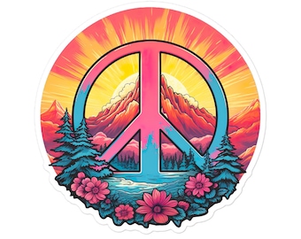 Peace Symbol Sticker – Mountain with Flowers Trees Design, Laptop Decal, Hydroflask Vinyl, Car Accessory