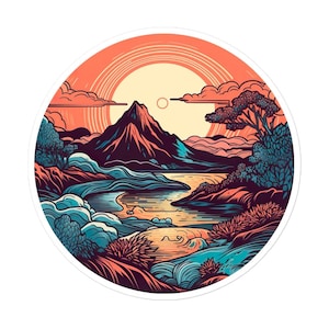 Mountain and River Landscape Sunset Sticker - Sticker for Laptop, Hydroflask Sticker, Sticker for Car