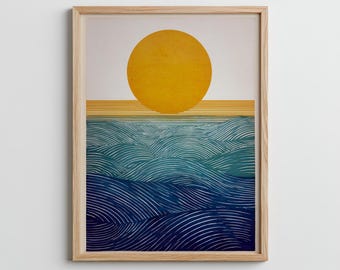 Sun & Waves Abstract Poster – Boho Coastal Wall Art, Minimalist Ocean Print, Retro Beach Decor