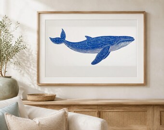 Whale Linocut Print - Coastal Nautical Wall Art