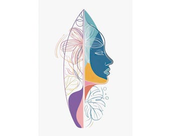 May include: Abstract art print featuring a woman's profile and floral elements. The artwork is divided vertically, with the left side showcasing delicate floral line art in pink, purple, and yellow. The right side depicts a blue face with orange and teal accents.