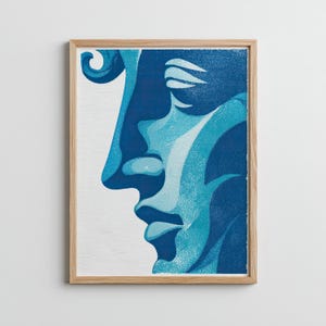 Aphrodite Blue Print - Modern Greek Goddess, Minimalist Line, Mythology Linocut Poster