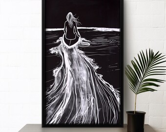 May include: Black and white illustration of a person surfing on a wave. The image is framed in a black frame.
