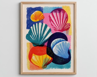 Colorful Seashell Risograph Art Print – Modern Coastal Decor
