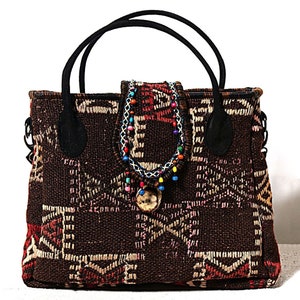 HANDMADE TRADITIONAL ANTIQUE Shabbystyle Anatolian Kilim Bag, Rug Shoulder Bag, Vintage Bag, Turkish Bag, Carpet Purse, Ethnic Brown Bag