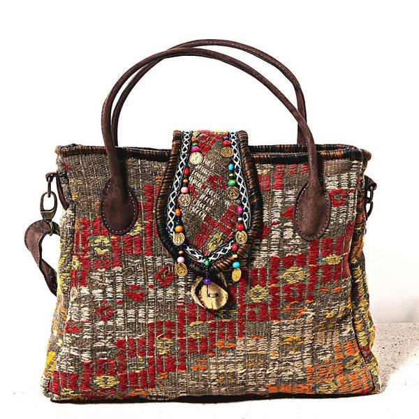 HANDMADE TRADITIONAL EYE Motif Anatolian Kilim Bag, Rug Shoulder Bag, Boho Purse, Turkish Bag, Handwoven Carpet Tote, Ethnic Authentic Purse