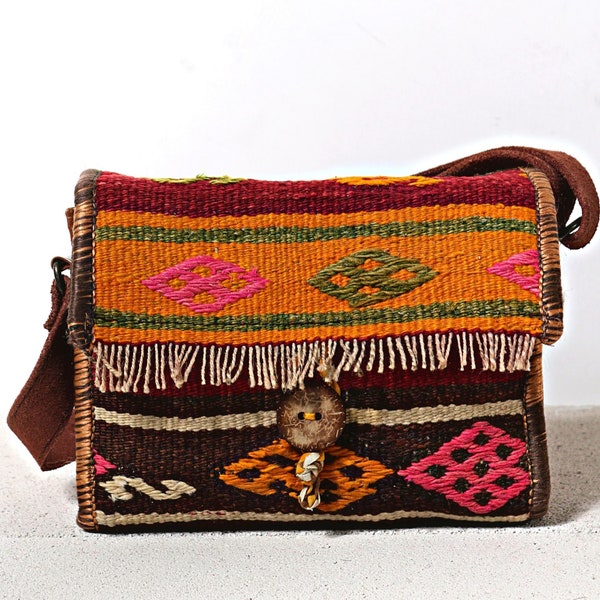 HANDMADE TRADITIONAL EYE Design Anatolian Kilim Bag, Rug Shoulder Bag, Boho Tote, Turkish Bag, Handwoven Carpet Bag, Ethnic Handmade Purse