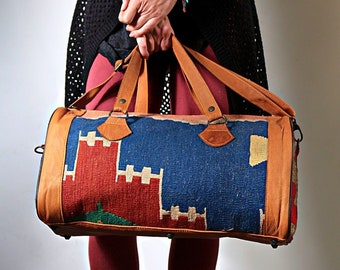 Kilim Travel Bag, Large Handmade Duffel Bag, Carpet Bag, Anatolian Blue Sports Bag, Rug Shoulder Bag, Boho Bag, Turkish Bag, Weekender Bag