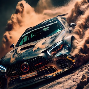 Experience the Thrill of a High-Octane Drift with our 8K HD Photorealistic AI Art Poster of a Mercedes Benz in a Dusty Landscape