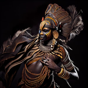 May include: A woman wearing a headdress with feathers and intricate beading. She has black and gold face paint and is adorned with necklaces and bracelets.