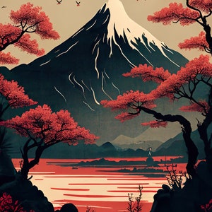 Japanese Landscape with Snowy Peak Mountain, Colorful Foreground Trees, and a Lake.
