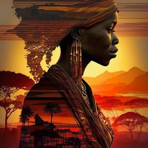 May include: A woman with dark skin and a headscarf looks to the right. She is wearing beaded earrings and a necklace. The background is a sunset over a landscape with trees and mountains.