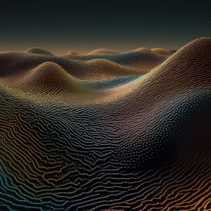 Könnte beinhalten: Eine digitale Illustration einer Landschaft mit einem sternenklaren Nachthimmel. Die Landschaft besteht aus einer Reihe von Hügeln und Tälern, die alle im Pixel-Stil gerendert sind. Die Hügel sind in verschiedenen Farben gehalten, darunter Orange, Gelb, Grün und Blau.