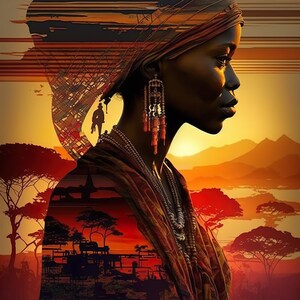 May include: A woman with a headscarf and beaded necklaces stands in profile against a sunset backdrop. The image is a digital collage with a silhouette of a village and trees superimposed over the woman's body.