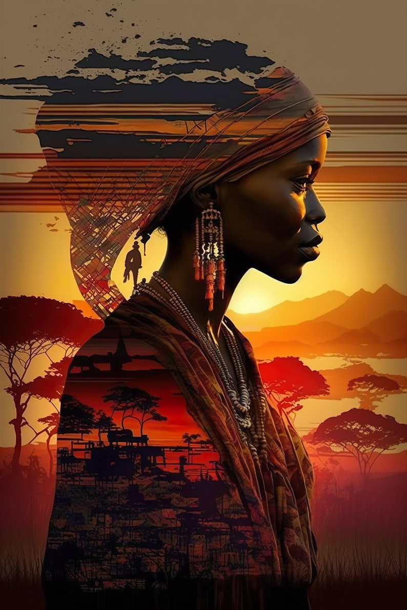 May include: A woman with a headscarf and beaded necklaces stands in profile against a sunset backdrop. The image is a digital collage with a silhouette of a village and trees superimposed over the woman's body.