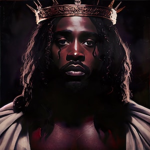 May include: A portrait of a person wearing a gold crown with spikes. The person has long, dark hair and a serious expression. They are wearing a white robe.