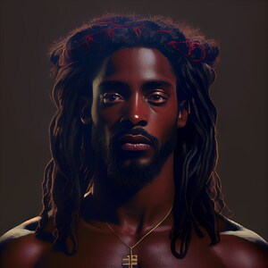 May include: A portrait of a person with dark skin, wearing a gold necklace with a geometric pendant. They have long, dark dreadlocks with red highlights.