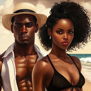 Express Your Love with These Beautiful -AI Art Prints of Black Couples on the Beach: 4 Variations