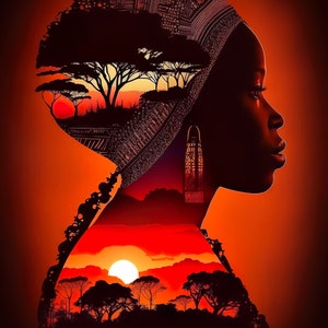 May include: Silhouette of a person with a patterned head wrap, with a sunset and trees inside the silhouette. The background is a solid orange color.