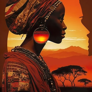 May include: A woman with dark skin wearing a red and brown patterned head wrap and a red dress with a geometric pattern. She is wearing large silver earrings with a sunset scene inside. The background is a sunset with mountains and trees.