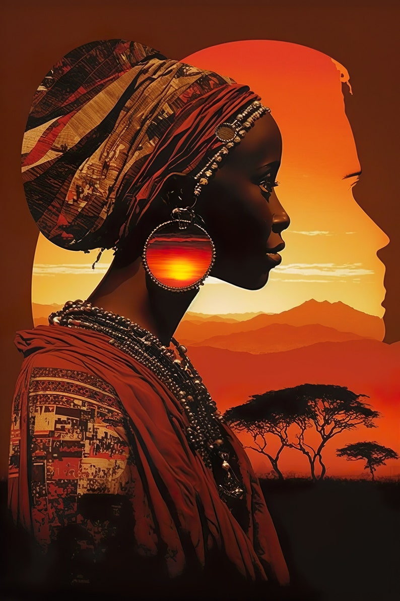 May include: A woman with dark skin wearing a red and brown patterned head wrap and a red dress with a geometric pattern. She is wearing large silver earrings with a sunset scene inside. The background is a sunset with mountains and trees.