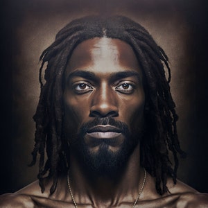 Atingindo Jesus Negro com dreadlocks, olhos penetrantes e aura radiante, impressão digital