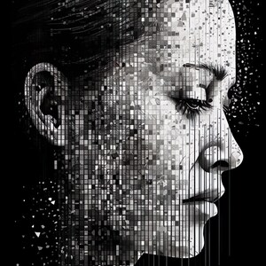 Könnte beinhalten: Ein Schwarzweiß-Digitalkunst-Porträt eines Gesichts. Das Gesicht besteht aus kleinen Quadraten, und der Hintergrund ist schwarz mit weißen Flecken.